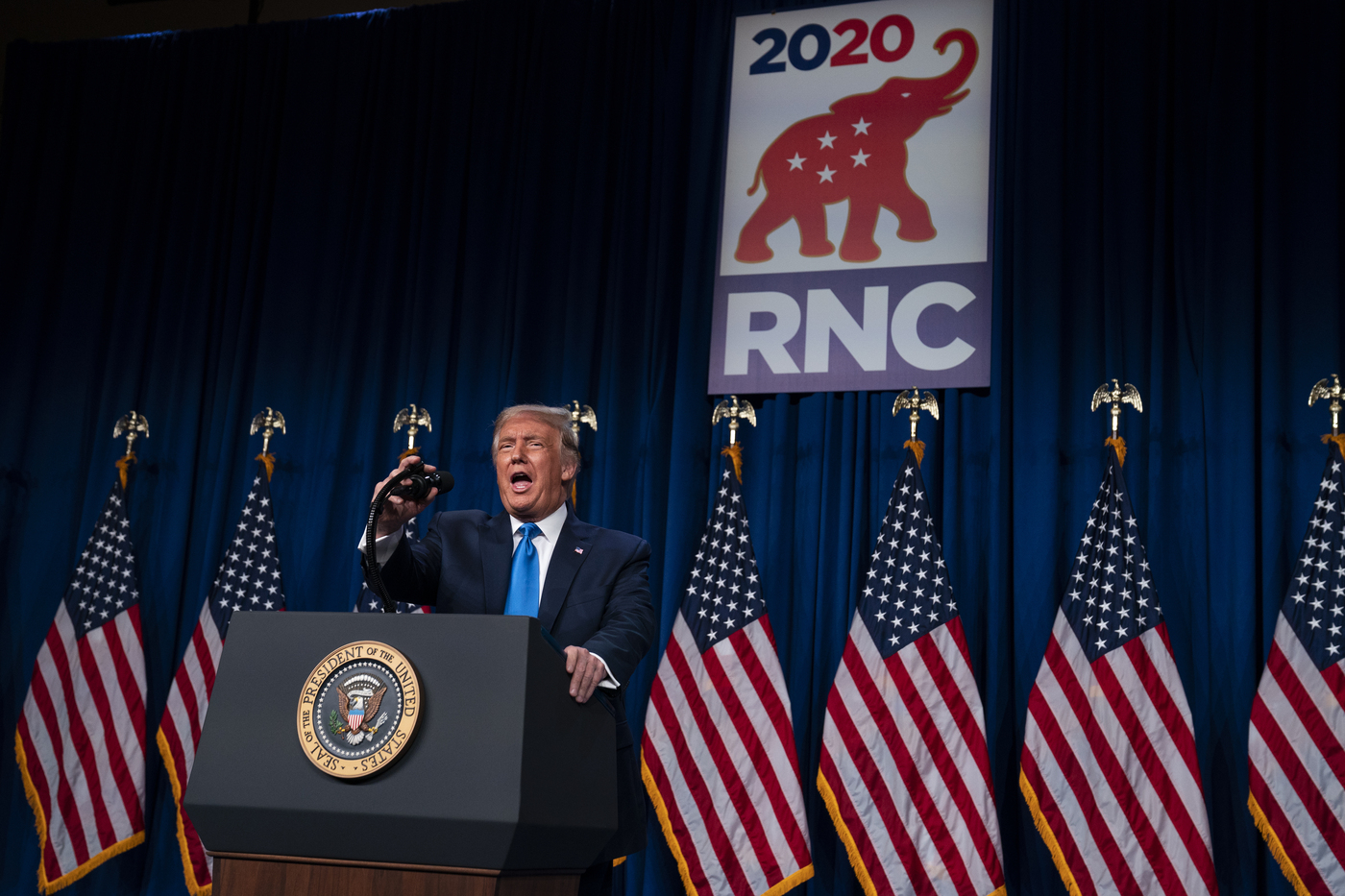 President Donald Trump arrives to speak at Republican National Committee convention, Monday, Aug. 24, 2020, in Charlotte. (AP Photo/Evan Vucci)