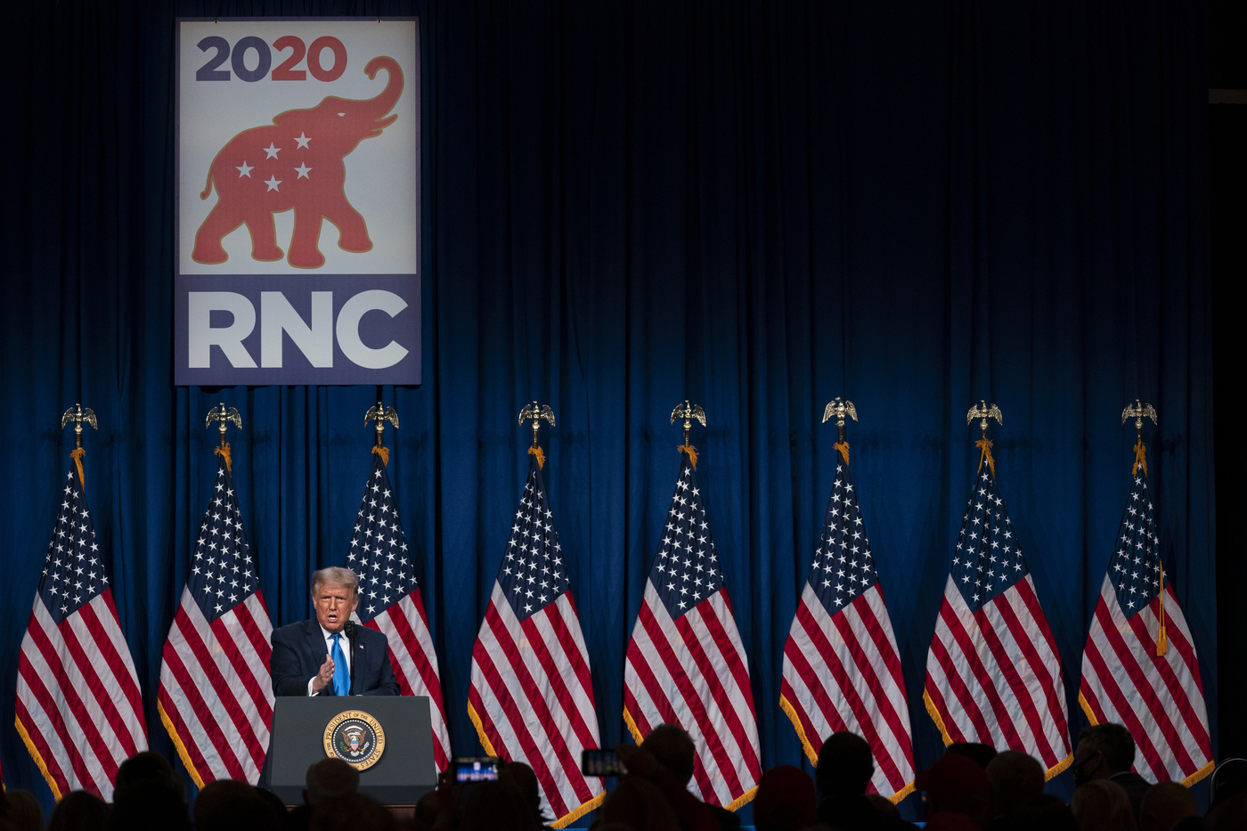 President Donald Trump speaks at Republican National Committee convention, Monday, Aug. 24, 2020, in Charlotte. (AP Photo/Evan Vucci)