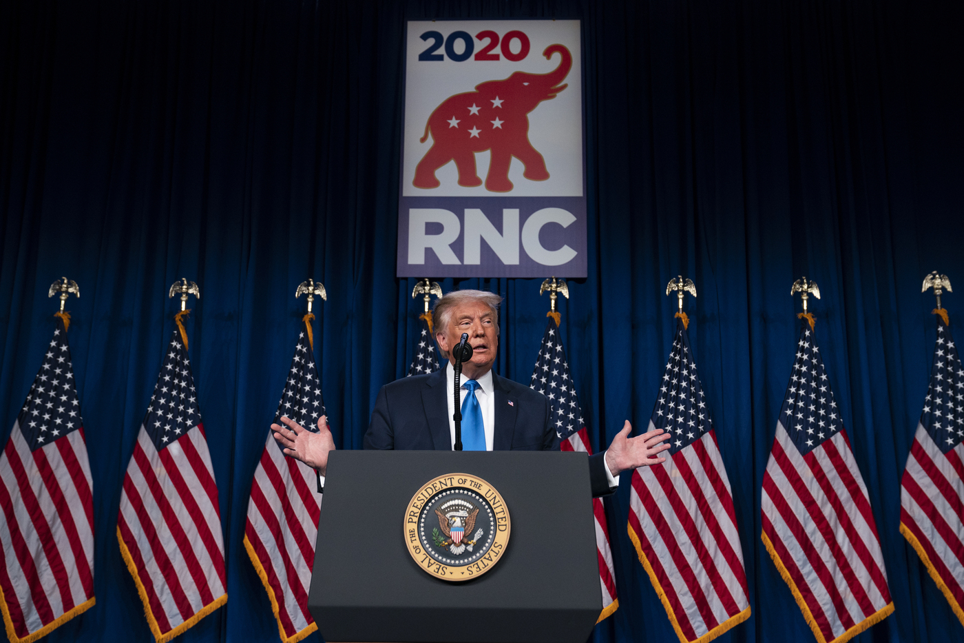 President Donald Trump speaks at the Republican National Committee convention, Monday, Aug. 24, 2020, in Charlotte. (AP Photo/Evan Vucci)