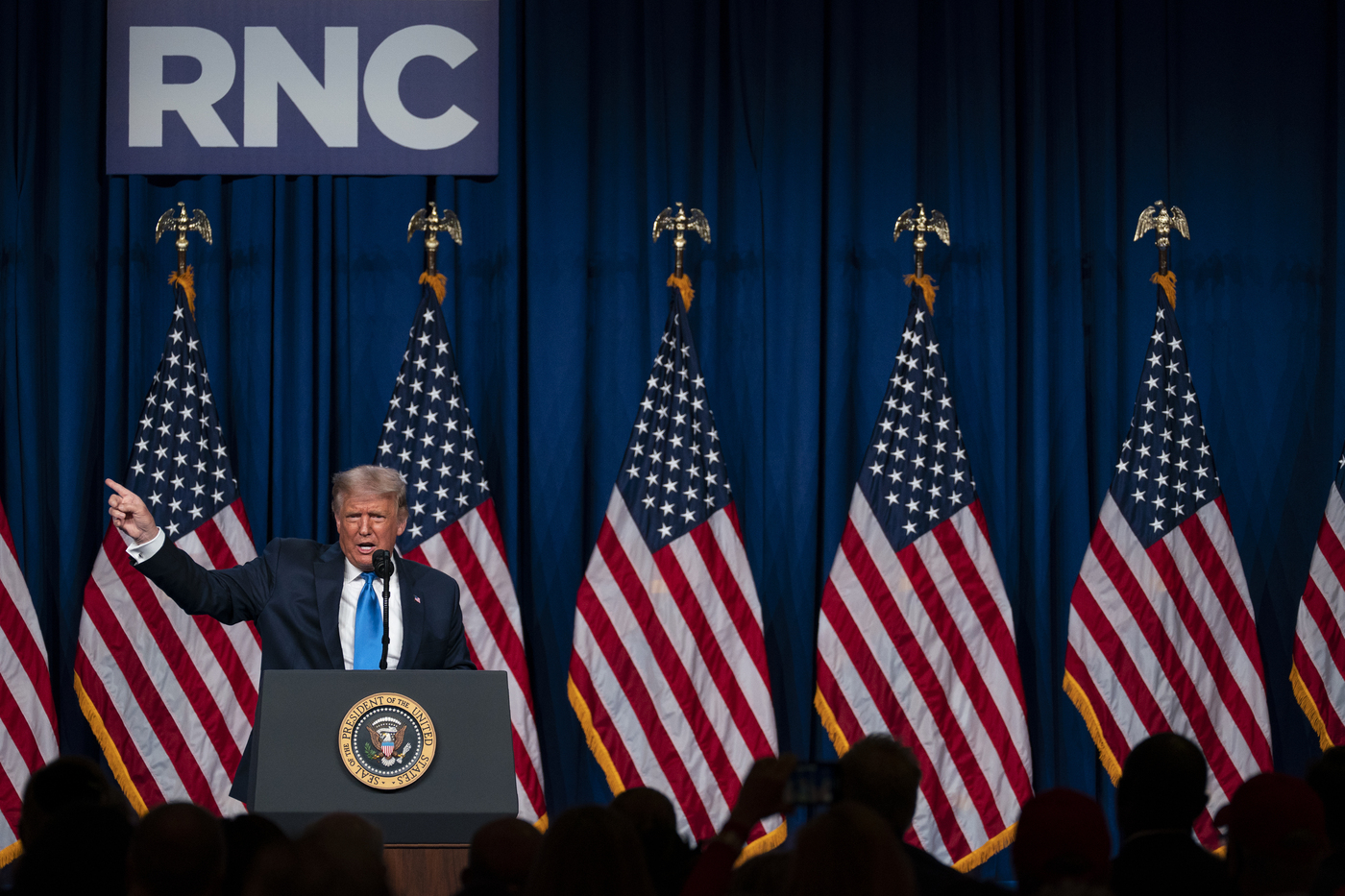 President Donald Trump speaks at Republican National Committee convention, Monday, Aug. 24, 2020, in Charlotte. (AP Photo/Evan Vucci)