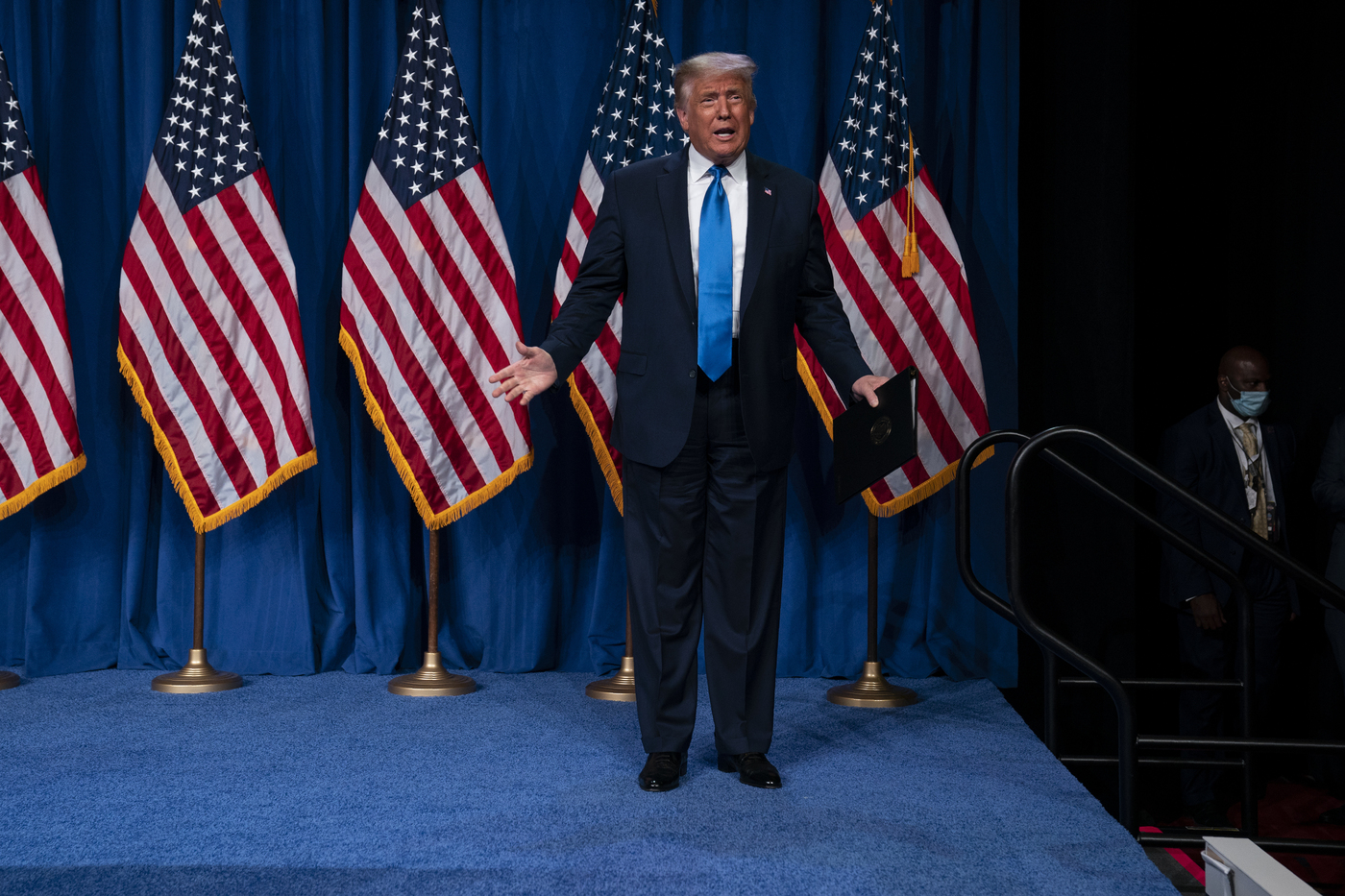 President Donald Trump arrives to speak at Republican National Committee convention, Monday, Aug. 24, 2020, in Charlotte. (AP Photo/Evan Vucci)