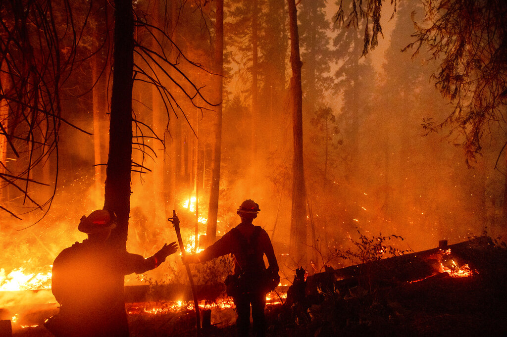 Firefighters Nick Grinstead and Trevor While battle the Creek Fire in the Shaver Lake community of Fresno County, Calif., on Monday, Sept. 7, 2020. (AP Photo/Noah Berger)