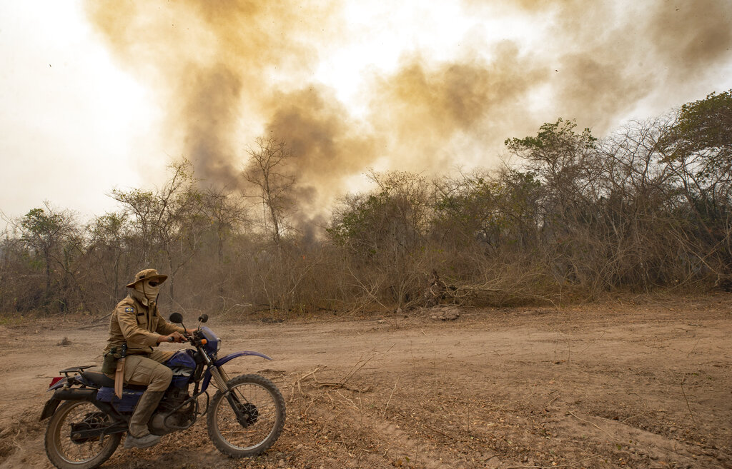 A firefighter rides a motorcycle past a burning area next to the Transpantaneira road at the Pantanal wetlands near Pocone, Mato Grosso state, Brazil, Monday, Sept. 14, 2020. A vast swath of the vital wetlands is burning in Brazil, sweeping across several national parks and obscuring the sun behind dense smoke. (AP Photo/Andre Penner)