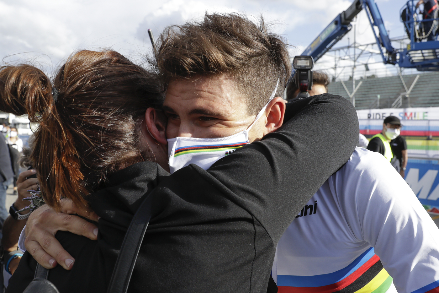 Italy's Filippo Ganna celebrates winning the men's Individual Time Trial event, at the road cycling World Championships, in Imola, Italy, Friday, Sept. 25, 2020. (AP Photo/Andrew Medichini)