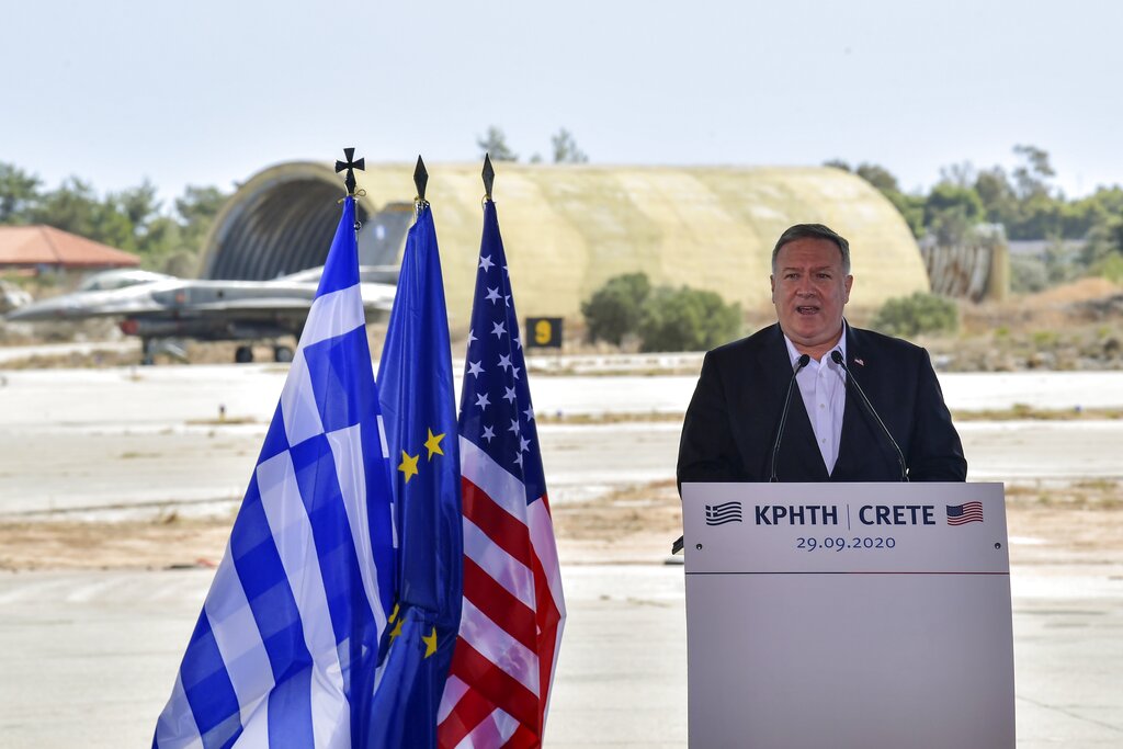 US Secretary of State Mike Pompeo delivers a speech during his visit at the Naval Support Activity base at Souda, on the Greek island of Crete, Tuesday, Sept. 29, 2020. Pompeo visited a U.S. naval base at Souda Bay on the southern Greek island of Crete Tuesday, ahead of a meeting with Greece's prime minister on the second day of his trip to the country. (Aris Messinis/Pool viaAP)