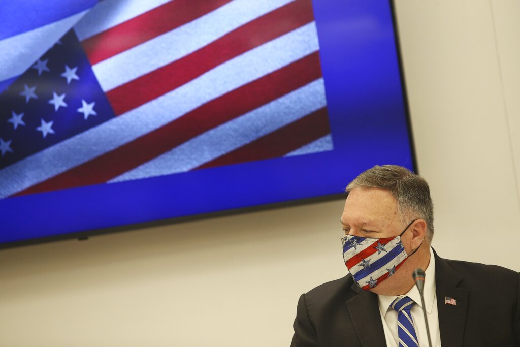 U.S. Secretary of State Mike Pompeo attends a signing agreement ceremony in the northern city of Thessaloniki, Greece, Monday, Sept. 28, 2020. Tension in the eastern Mediterranean is to feature prominently during Pompeo's two-day stay in Greece, which will include a visit to the Souda Bay naval base on the southern island of Crete Tuesday. (AP Photo/Giannis Papanikos, Pool)