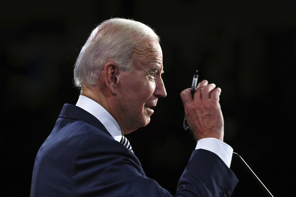 Democratic presidential candidate former Vice President Joe Biden speaks during the first presidential debate with President Donald Trump Tuesday, Sept. 29, 2020, at Case Western University and Cleveland Clinic, in Cleveland. (Olivier Douliery/Pool vi AP)