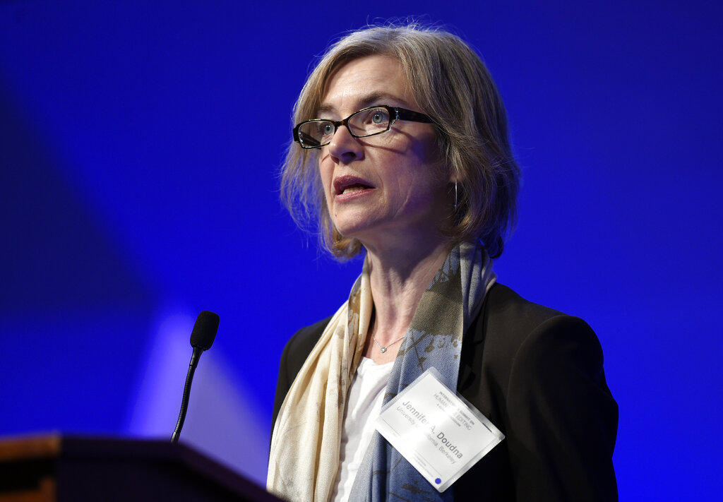 FILE - In this Dec. 1, 2015, file photo, Jennifer Doudna, a University of California, Berkeley professor and co-inventor of the CRISPR gene-editing tool, speaks at the National Academy of Sciences international summit on the safety and ethics of human gene editing, in Washington. Doudna and Emmanuelle Charpentier have been awarded the Nobel Prize in chemistry for the development of a method for genome editing. (AP Photo/Susan Walsh, File)