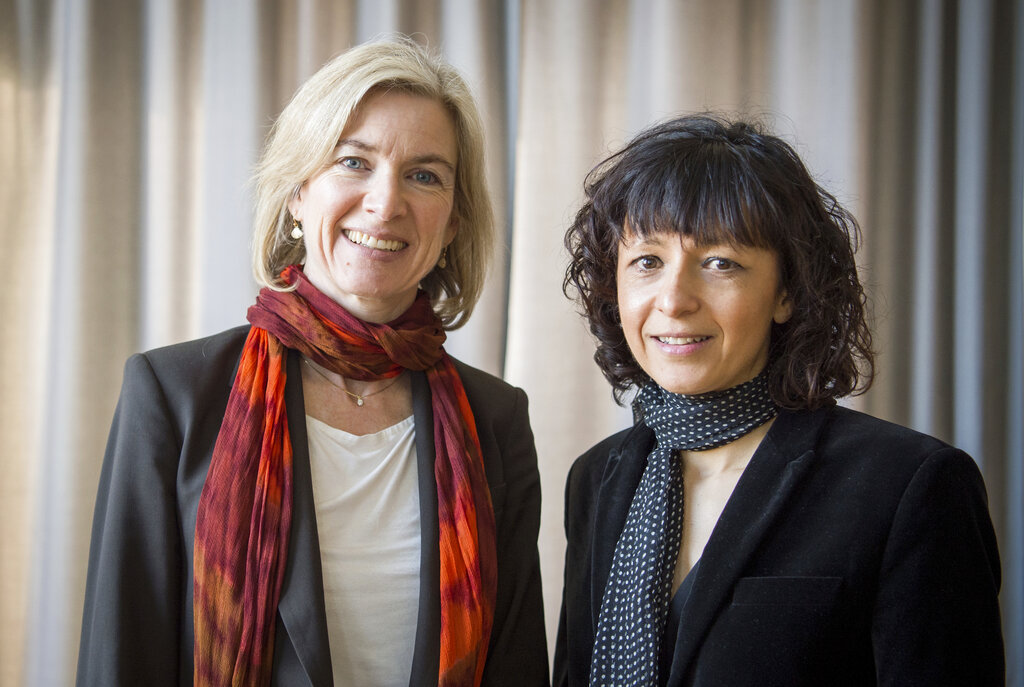 FILE -- In this March 14, 2016 file photo American biochemist Jennifer A. Doudna, left, and the French microbiologist Emmanuelle Charpentier, right, poses for a photo in Frankfurt, Germany. French scientist Emmanuelle Charpentier and American Jennifer A. Doudna have won the Nobel Prize 2020 in chemistry for developing a method of genome editing likened to ‘molecular scissors’ that offer the promise of one day curing genetic diseases. (Alexander Heinl/dpa via AP)