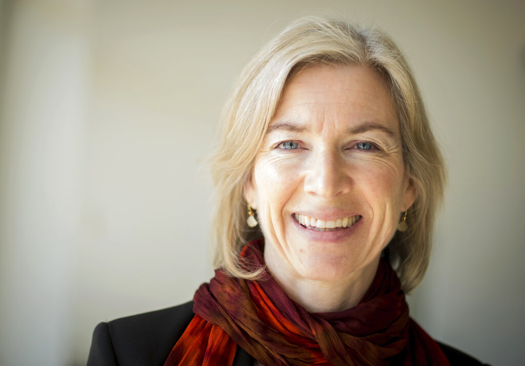 FILE -- In this March 14, 2016 file photo American biochemist Jennifer A. Doudna poses for a photo in Frankfurt, Germany. French scientist Emmanuelle Charpentier and American Jennifer A. Doudna have won the Nobel Prize 2020 in chemistry for developing a method of genome editing likened to ‘molecular scissors’ that offer the promise of one day curing genetic diseases. (Alexander Heinl/dpa via AP)