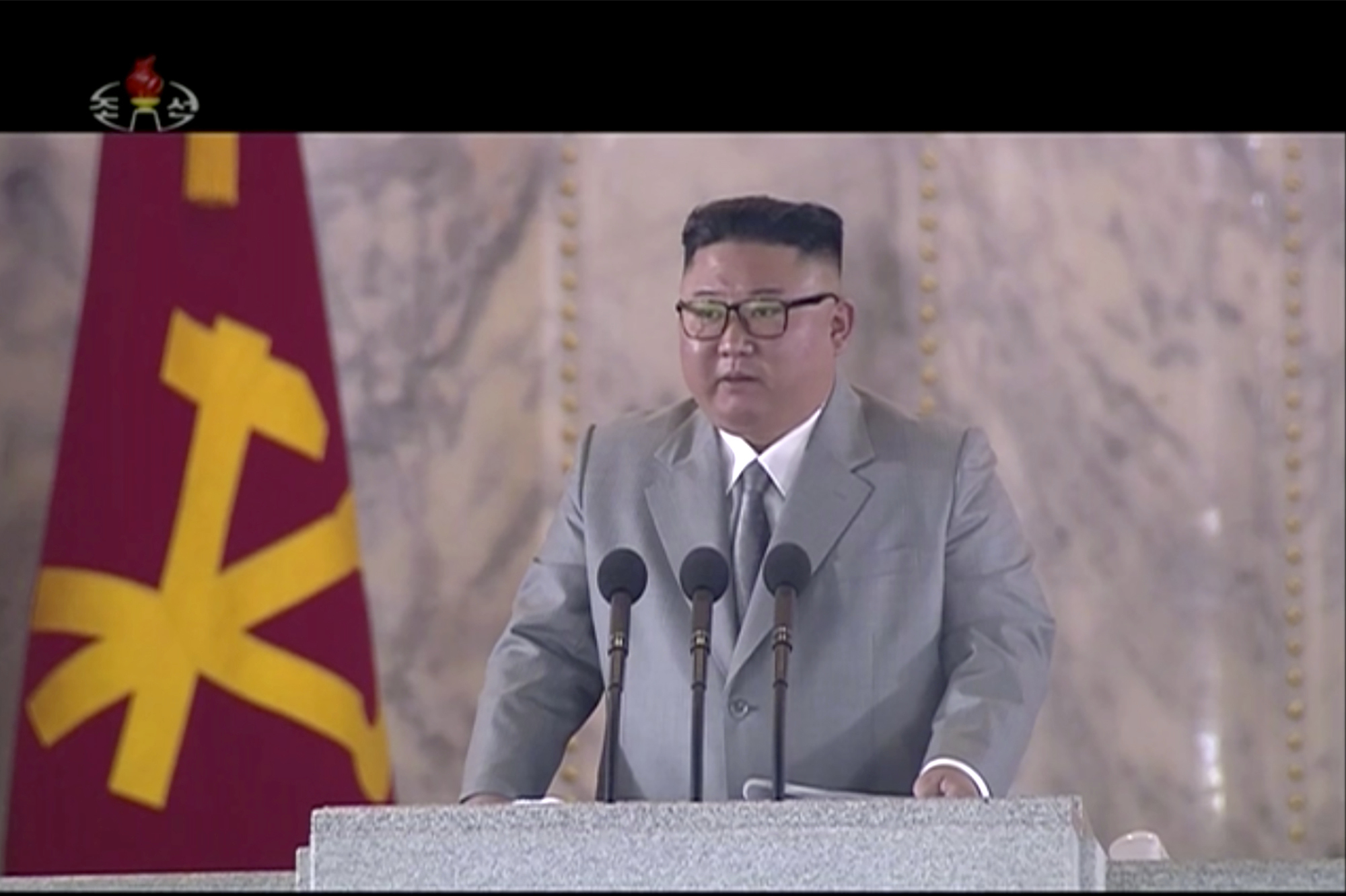 In this image made from video broadcasted by North Korea's KRT on Saturday, Oct. 10, 2020, North Korean leader Kim Jong Un delivers a speech during a ceremony to mark to celebrate the 75th anniversary of the country’s ruling party in Pyongyang.(KRT via AP)