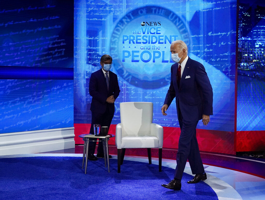 Democratic presidential candidate former Vice President Joe Biden arrives to participate in a town hall with moderator ABC News anchor George Stephanopoulos at the National Constitution Center in Philadelphia, Thursday, Oct. 15, 2020. (AP Photo/Carolyn Kaster)
