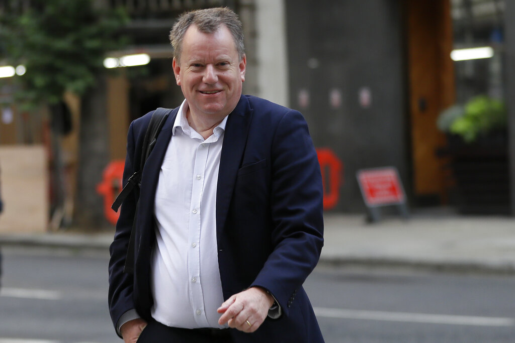 David Frost, the UK's Chief Brexit Negotiator, walks in London, Friday, Oct. 23, 2020. (AP Photo/Kirsty Wigglesworth)