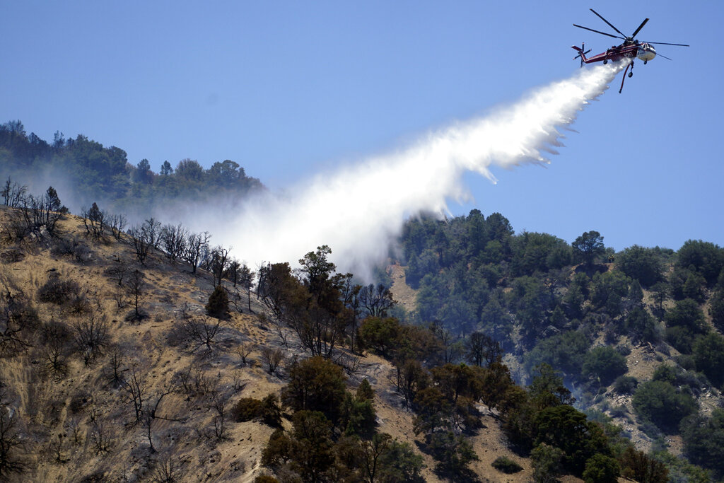 A helicopter drops water onto the Sheep fire, Monday, June 13, 2022, in Wrightwood, Calif. (AP Photo/Marcio Jose Sanchez)