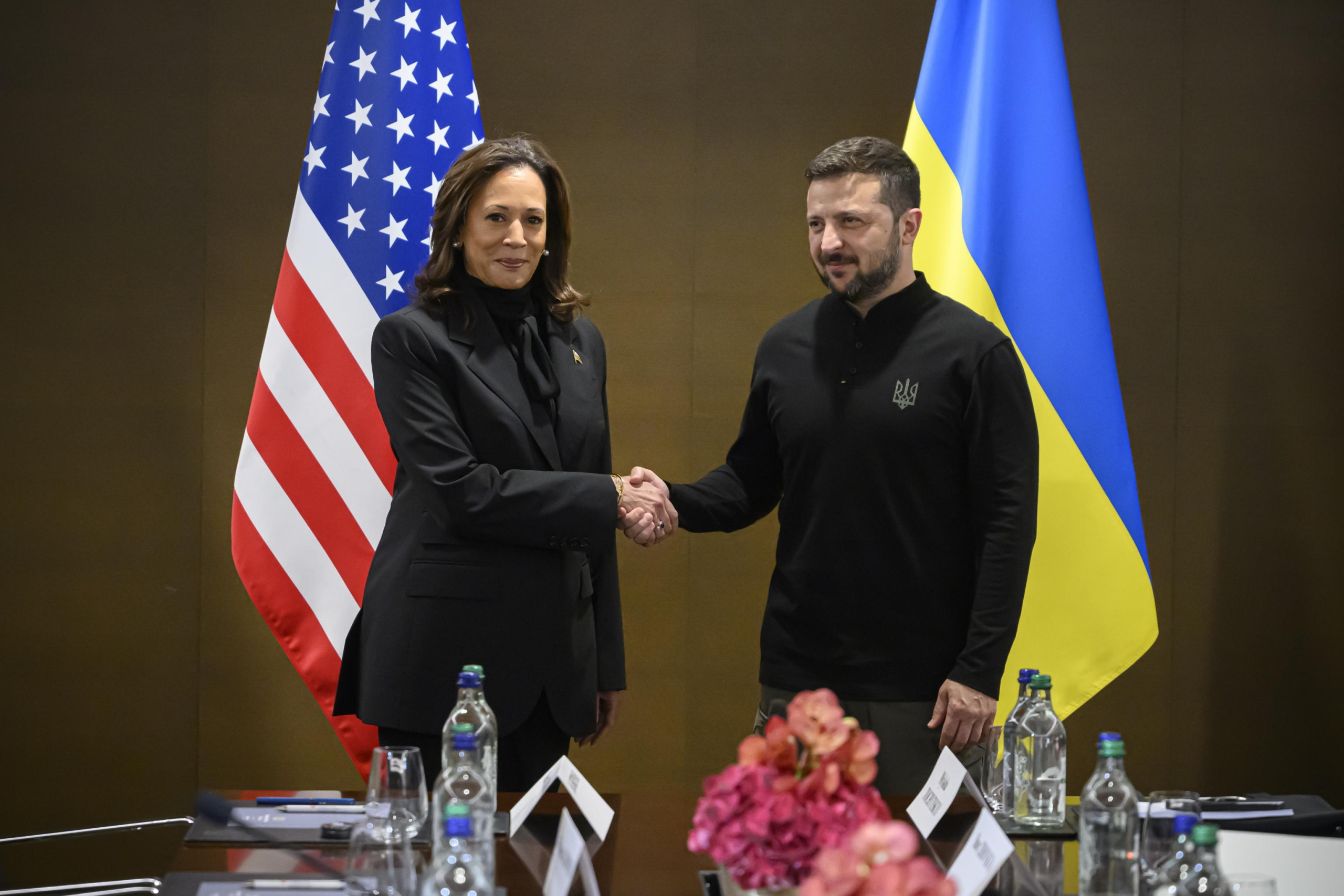 epa11412168 US Vice President Kamala Harris (L) shakes hands with Ukraine's President Volodymyr Zelensky (R) ahead of a bilateral meeting during the Summit on Peace in Ukraine, in Stansstad near Lucerne, Switzerland, 15 June 2024. International heads of state gather on 15 and 16 June at the Buergenstock Resort in central Switzerland for the two-day Summit on Peace in Ukraine.  EPA/ALESSANDRO DELLA VALLE / POOL                     EDITORIAL USE ONLY  EDITORIAL USE ONLY