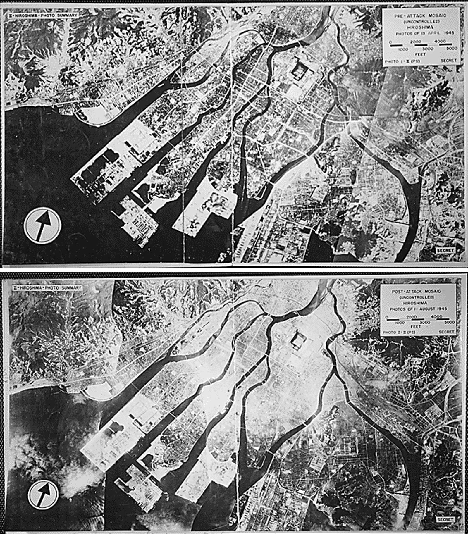 epa04867703 A combined picture of handout images made available by the US National Archives of mosaic views of Hiroshima, Japan on 13 April 1945 before (top) and on 11 August 1945 after (bottom) the atomic bomb was dropped on 06 August 1945. 06 August 2015 marks the 70th anniversary of the atomic bombing on Hiroshima. The US B-29 Superfortress bomber Enola Gay dropped an atomic bomb codenamed 'Little Boy' on Hiroshima on 06 August 1945, killing tens of thousands of people in seconds. By the end of the year, 140,000 people had died from the effects of the bomb. On 09 August 1945 a second atomic bomb was exploded over Nagasaki, killing more than 73,000 people. The 'Little Boy' was the first ever nuclear bomb dropped on a city and a crucial turn that led to Japan's surrender in WWII.  EPA/US NATIONAL ARCHIVES / HANDOUT   EDITORIAL USE ONLY