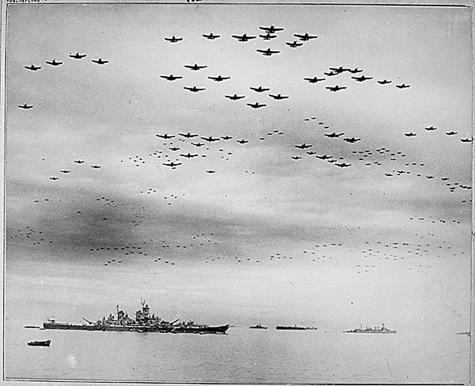 epa04867684 A handout image made available by the US National Archives and Records Administration (NARA) of US Vought F4U Corsair and Grumman F6F Hellcat aircrafts flting in formation over USS Missouri during surrender ceremonies near Tokyo, Japan, 02 September 1945. 06 August 2015 marks the 70th anniversary of the atomic bombing on Hiroshima. The US B-29 Superfortress bomber Enola Gay dropped an atomic bomb codenamed 'Little Boy' on Hiroshima on 06 August 1945, killing tens of thousands of people in seconds. By the end of the year, 140,000 people had died from the effects of the bomb. On 09 August 1945 a second atomic bomb was exploded over Nagasaki, killing more than 73,000 people. The 'Little Boy' was the first ever nuclear bomb dropped on a city and a crucial turn that led to Japan's surrender in WWII.  EPA/US NATIONAL ARCHIVES / HANDOUT  HANDOUT EDITORIAL USE ONLY