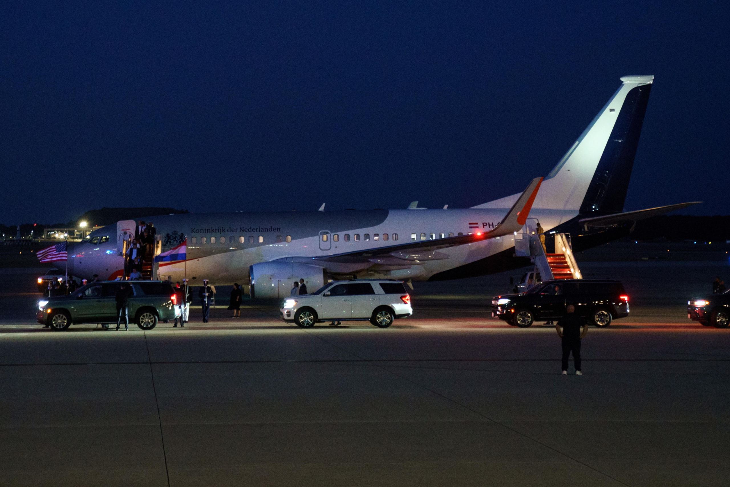 Il premier olandese Dick Schoof arriva a Joint Andrews Base, Maryland, DC, USA, 8 luglio 2024. ANSA/WILL OLIVER