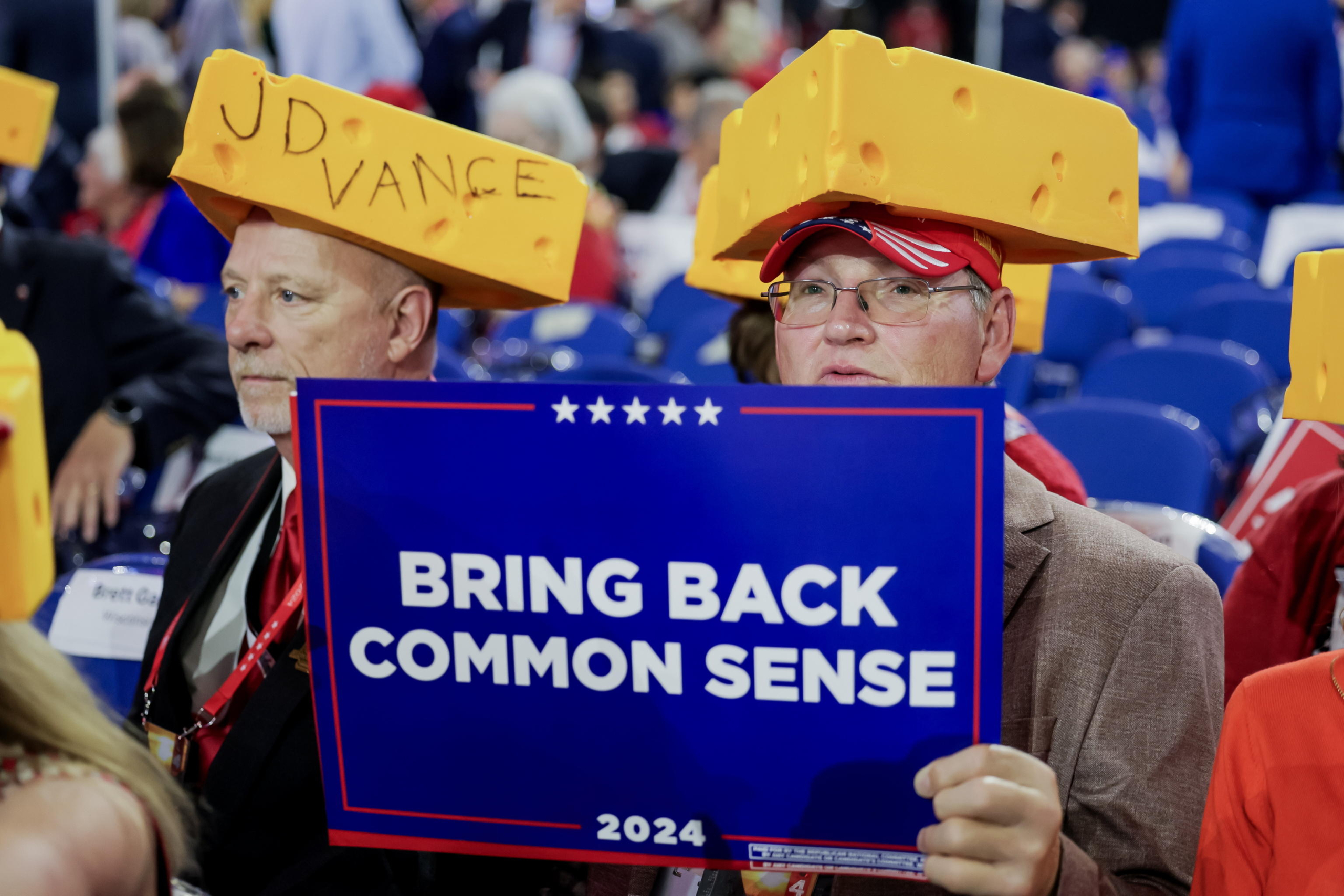 epaselect epa11486368 Wisconsin delegates wear cheese head hats on the fourth day of the Republican National Convention (RNC) at Fiserv Forum in Milwaukee, Wisconsin, USA, 18 July 2024. The convention comes days after a 20-year-old Pennsylvania man attempted to assassinate former president and current Republican presidential nominee Donald Trump. The 2024 Republican National Convention is being held 15 to 18 July 2024 in which delegates of the United States' Republican Party select the party's nominees for president and vice president in the 2024 United States presidential election.  EPA/ALLISON DINNER