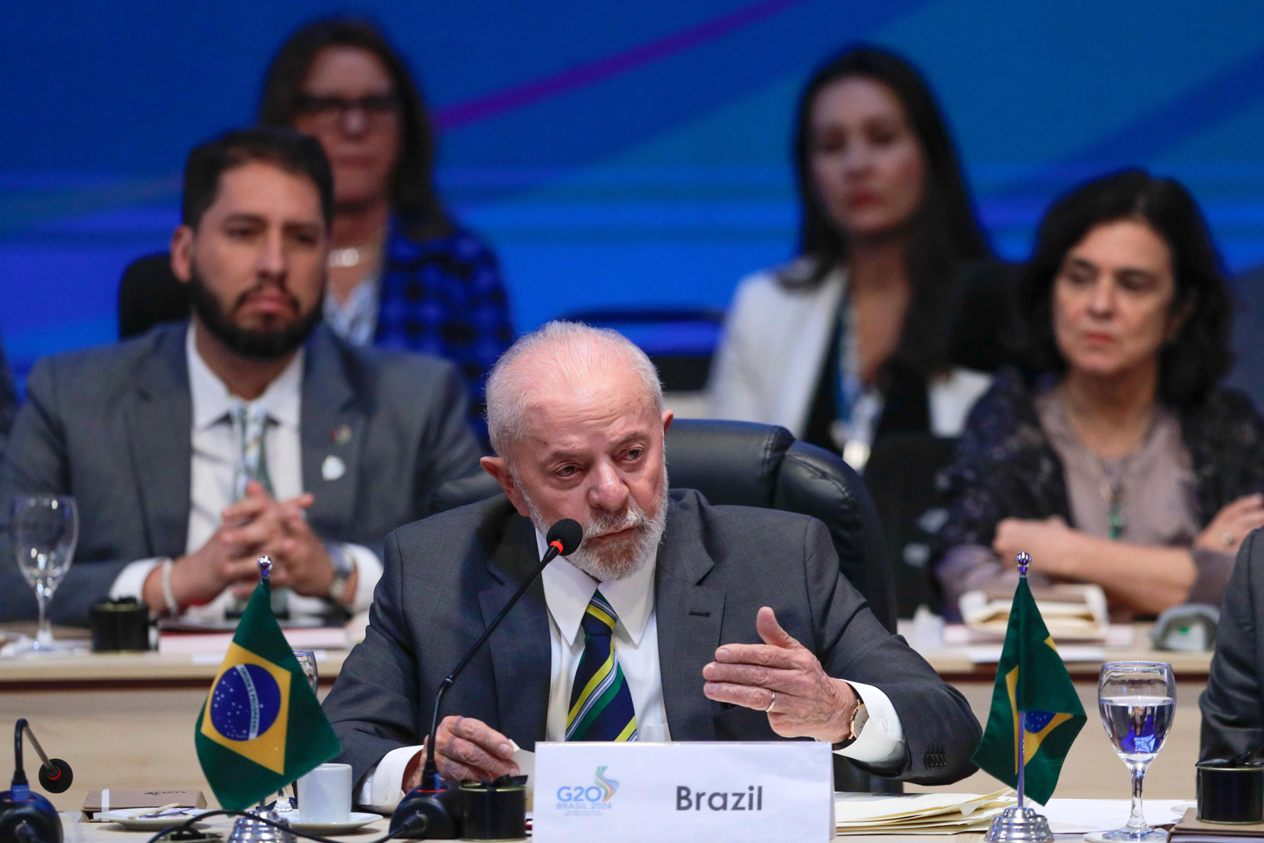 epa11494289 The President of Brazil, Luiz Inacio Lula da Silva, speaks during the opening of the Global Alliance against Hunger and Poverty meeting at the G20 Brazil 2024, held at the headquarters of the NGO Acao da Cidadania in Rio de Janeiro, Brazil, 24 July 2024. Lula da Silva introduced the Global Alliance against Hunger and Poverty and expressed regret that hunger continues to be the most challenging issue for humanity in the 21st century.  EPA/ANDRE COELHO