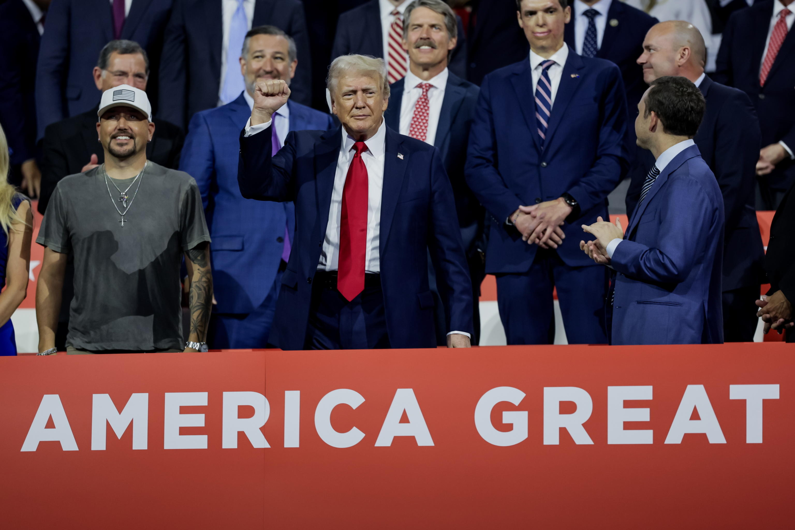 epa11486477 Republican presidential nominee Donald Trump arrives on the fourth day of the Republican National Convention (RNC) at Fiserv Forum in Milwaukee, Wisconsin, USA, 18 July 2024. The convention comes days after a 20-year-old Pennsylvania man attempted to assassinate former president and current Republican presidential nominee Donald Trump. The 2024 Republican National Convention is being held 15 to 18 July 2024 in which delegates of the United States' Republican Party select the party's nominees for president and vice president in the 2024 United States presidential election.  EPA/ALLISON DINNER