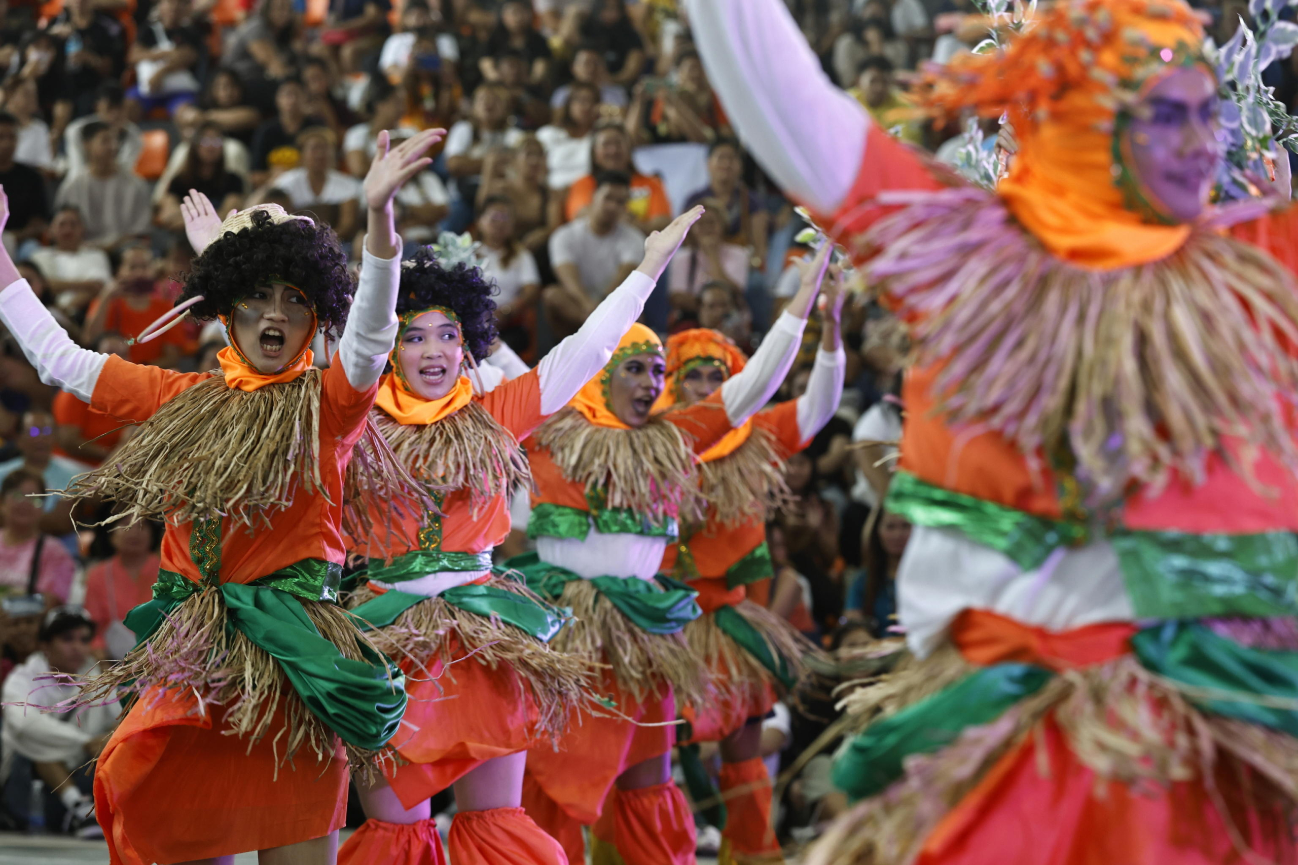 epa11529287 Filipino teens, wearing traditional costumes made from dried water hyacinth stalks, perform during the Water Lily Festival in Las Pinas city, Metro Manila, Philippines, 06 August 2024. The annual Water Lily Festival in Las Pinas city was declared by the Villar Foundation to highlight the transformation of water lilies from aquatic nuisances to valuable resources. Through the 'Water Lily Weaving Project', the foundation turns these plants into handicrafts, creating livelihoods and aiding community rehabilitation. During the festival, villagers parade in traditional costumes made from dried water lilies, showcasing the project's success and promoting the benefits of water lily-based livelihoods for local residents.  EPA/FRANCIS R. MALASIG