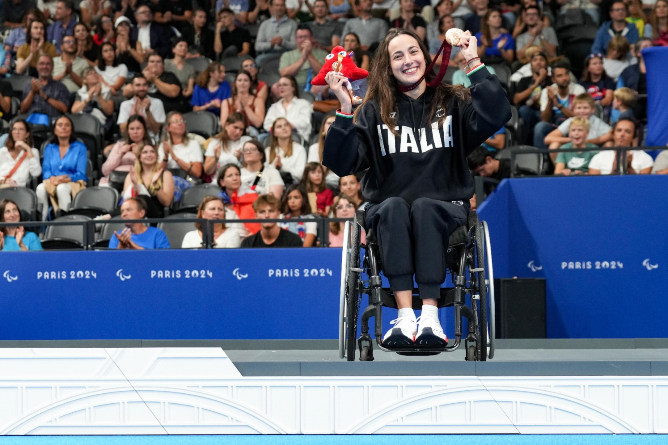 Giulia Terzi ha conquistato la medaglia di bronzo nei 100 stile libero S7 ai Giochi Paralimpici Parigi 2024, 04 settembre 2024.
ANSA / CIP - Simone Ferraro +++ HANDOUT PHOTO - NO SALES - EDITORIAL USE ONLY - NPK+++