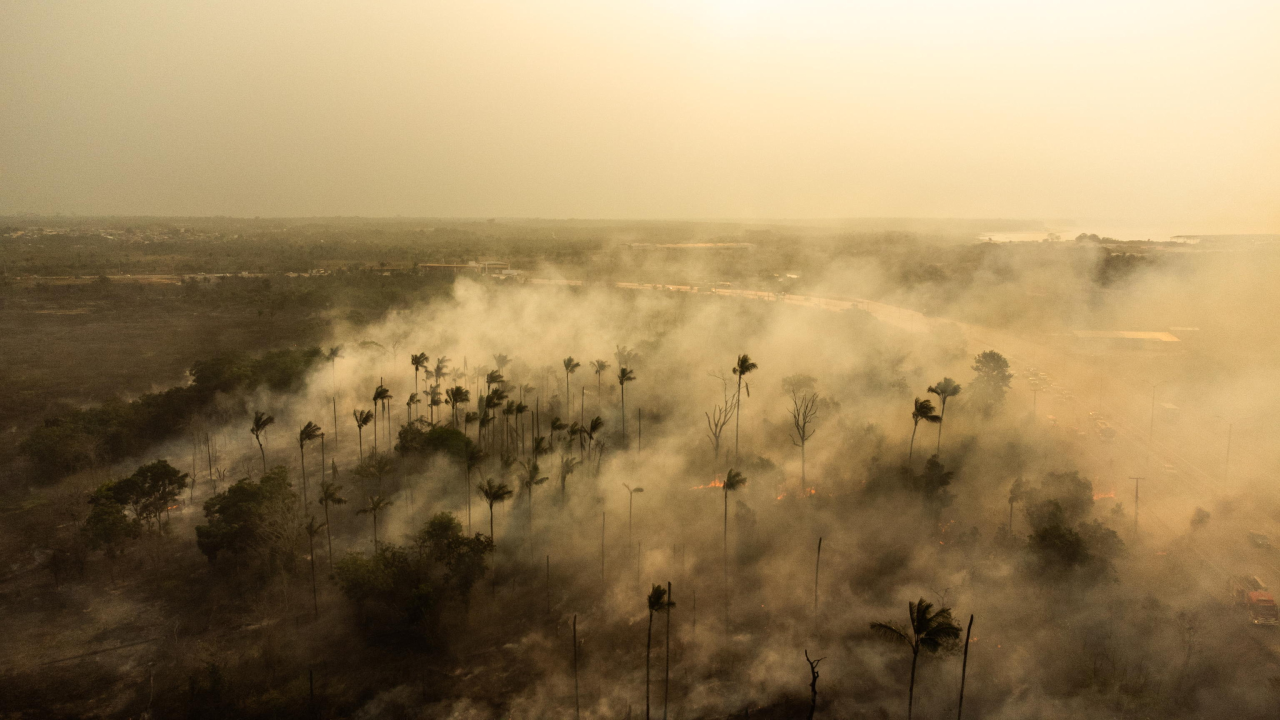 epa11588563 A drone photograph shows a fire that took over a green area in Manaus, Amazonas, Brazil, 05 September 2024. Amazonas, the largest state in Brazil, is suffering from an environmental crisis after experiencing the worst drought in its history and record fires in 2023. This year everything indicates that the figures could be exceeded and even sooner than expected.  EPA/RAPHAEL ALVES