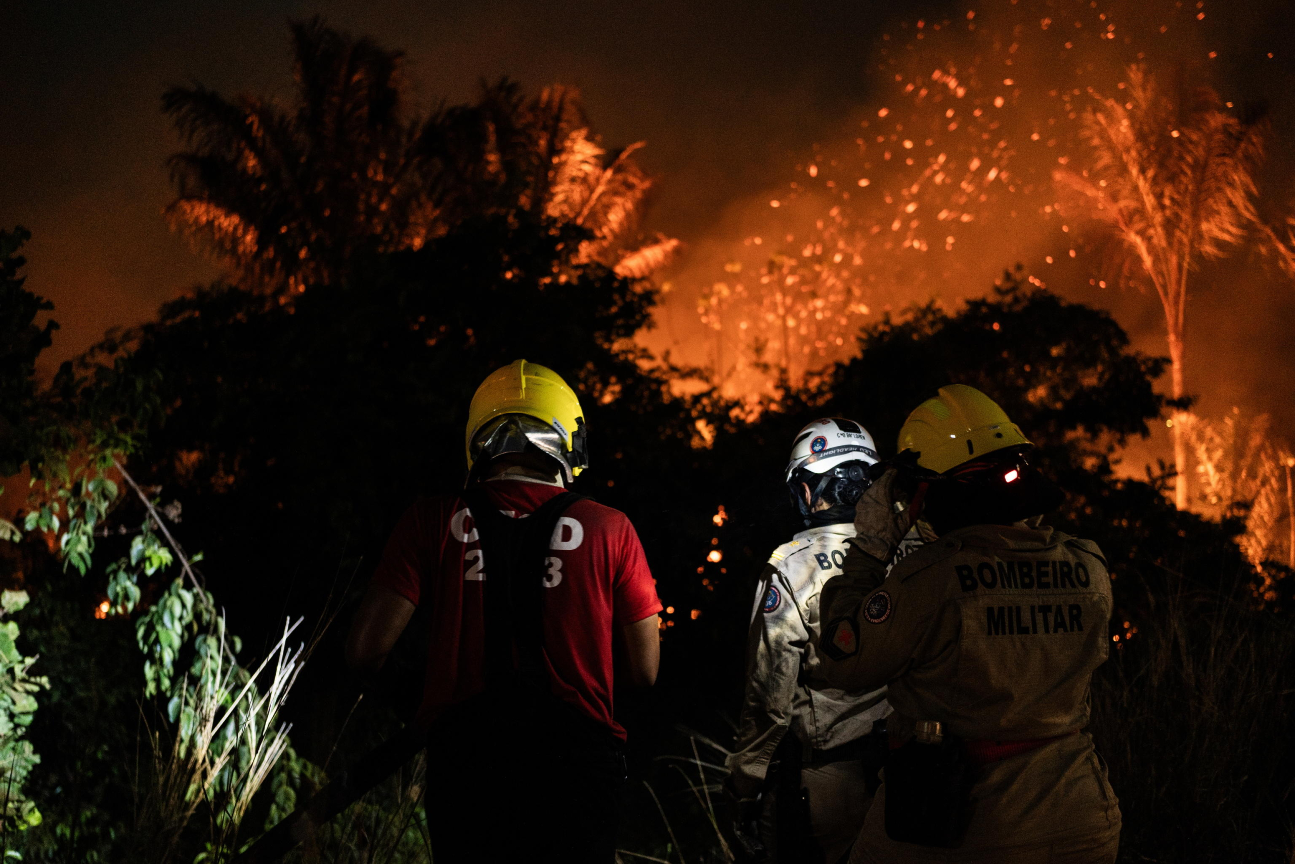 epa11588567 Firemen try to put down a fire in a green area in Manaus, Amazonas, Brazil, 05 September 2024. Amazonas, the largest state in Brazil, is suffering from an environmental crisis after experiencing the worst drought in its history and record fires in 2023. This year everything indicates that the figures could be exceeded and even sooner than expected.  EPA/RAPHAEL ALVES