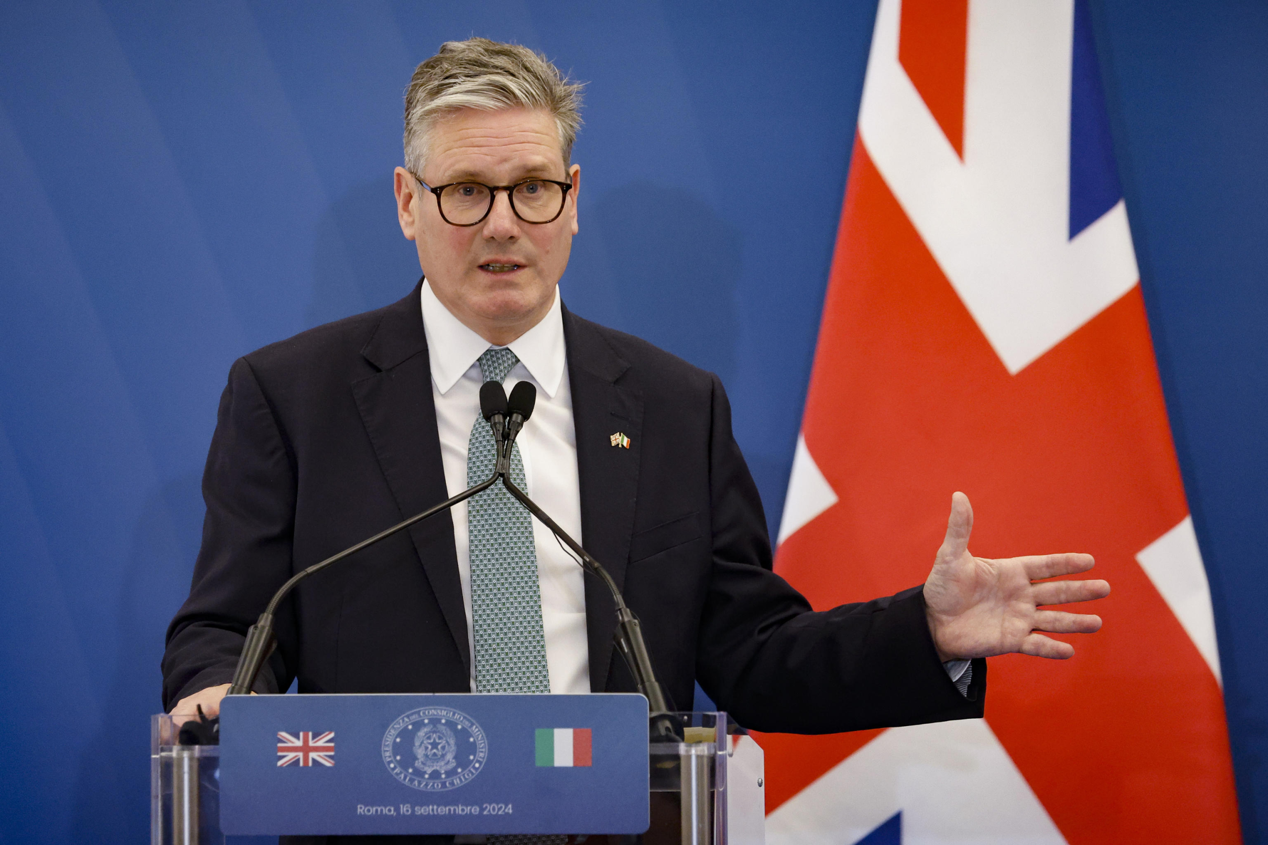 British Prime Minister Keir Starmer during a press conference at the end of a meeting with Italian Prime Minister Giorgia Meloni (not pictured) at Villa Doria Pamphilj in Rome, Italy, 16 September 2024. The two leaders' talks are expected to focus on tackling irregular migration. ANSA/FABIO FRUSTACI