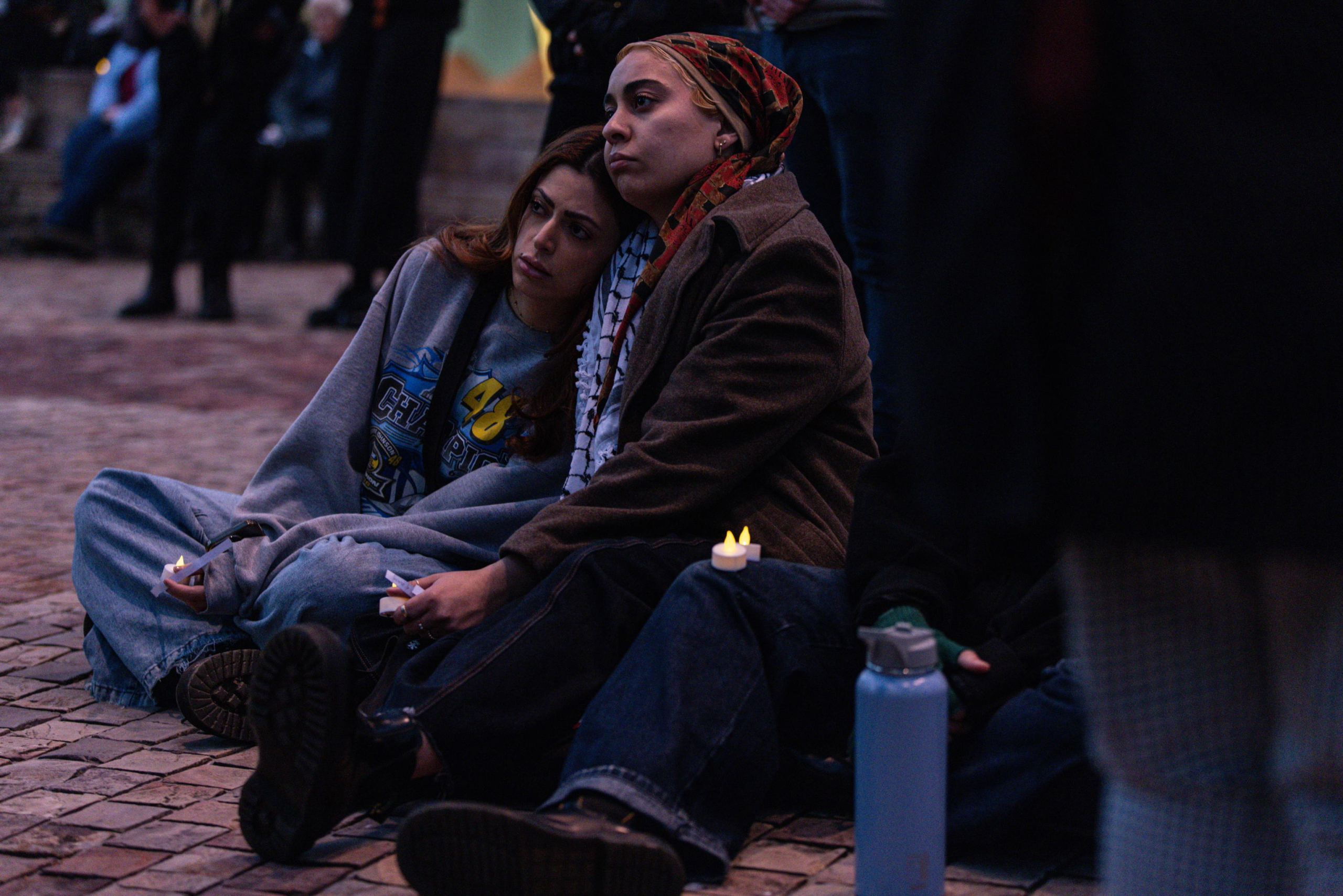 epa11654340 Community members gather for a Free Palestine Melbourne vigil to remember victims of the Gaza attacks at Federation Square in Melbourne, Australia, 11 October 2024. A Free Palestine Melbourne vigil is taking place at Federation Square, where community members are gathering to remember victims of Israeli attacks in Gaza.  EPA/DIEGO FEDELE AUSTRALIA AND NEW ZEALAND OUT