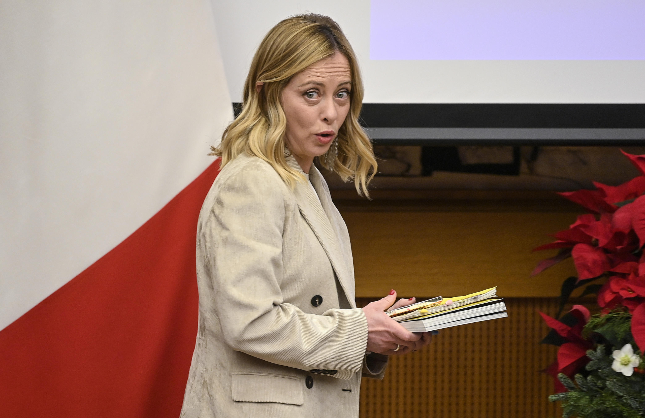 Il Primo Ministro italiano Giorgia Meloni partecipa alla tradizionale conferenza stampa di fine anno a Roma, Italia, il 4 gennaio 2024. Foto: Ansa/Riccardo Antimiani