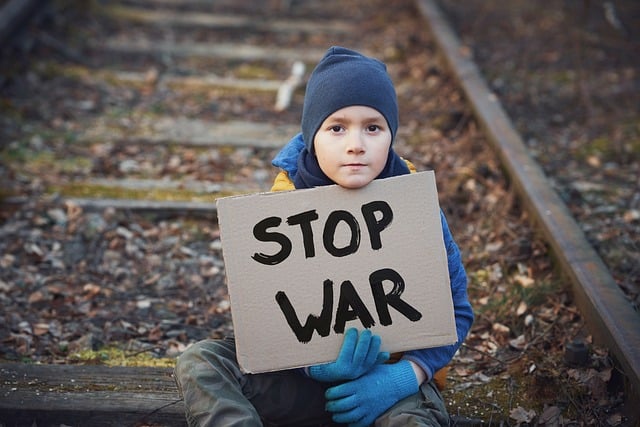 Bambino chiede la pace con il cartello Stop war, Fermare la guerra, foto Foto di Fahim Shahriar da Pixabay.