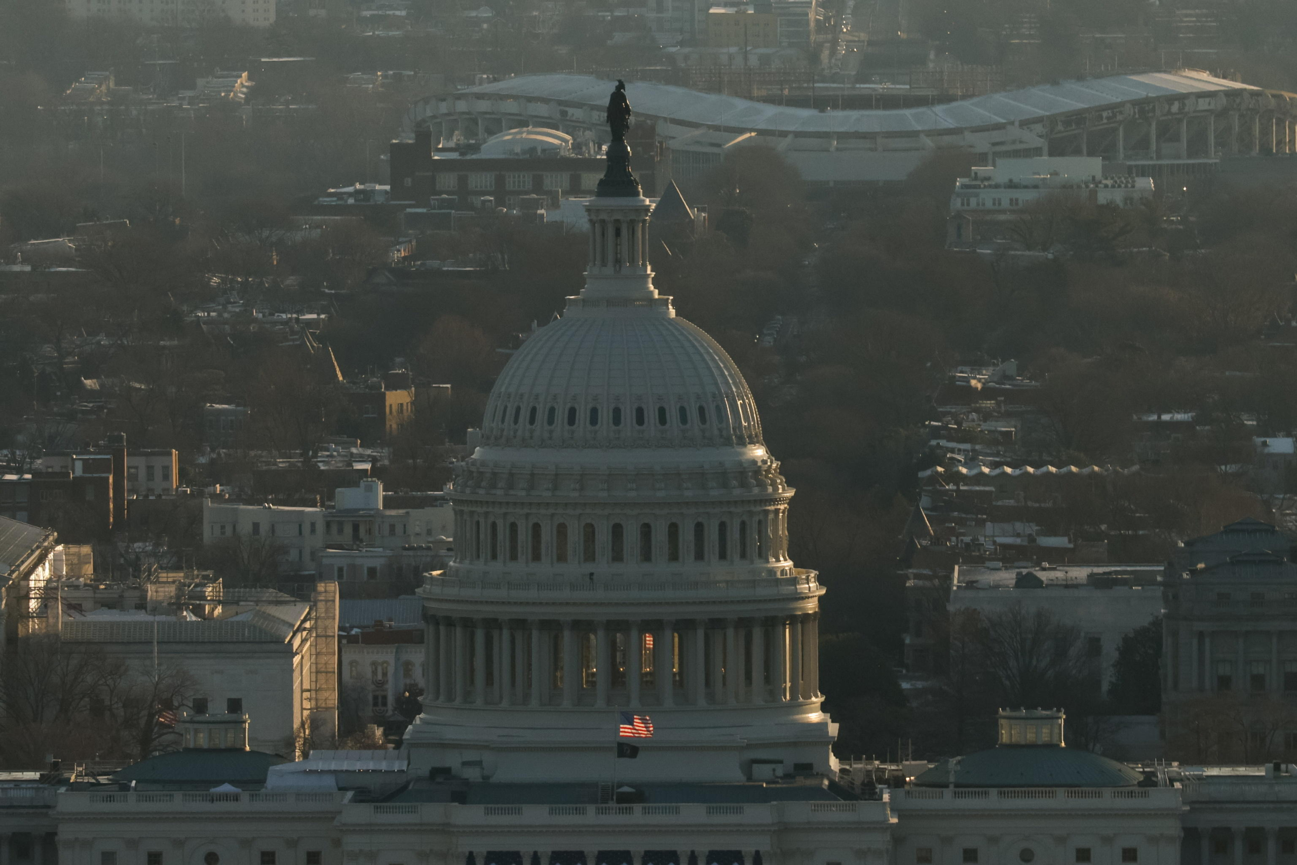 epa11838254 A view of the U.S. Capitol from the top of the Washington Monument on the inauguration day of US President-elect Donald Trump in Washington, DC, USA, 20 January 2025. Trump will be sworn in for a second term as president of the United States on 20 January. The presidential inauguration will be held indoors due to extreme cold temperatures in DC.  EPA/BRENDAN MCDERMID / POOL