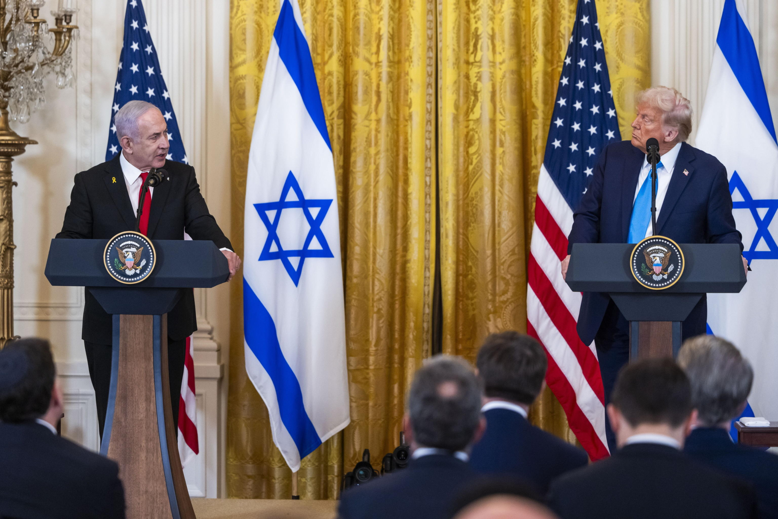 epa11875658 US President Donald Trump (R) and Israeli Prime Minister Benjamin Netanyahu (L) speak during a press conference in the East Room of the White House in Washington, DC, USA, 04 February 2025. President Trump said that the he wants the US to take an ''ownership position'' of Gaza.  EPA/JIM LO SCALZO / POOL