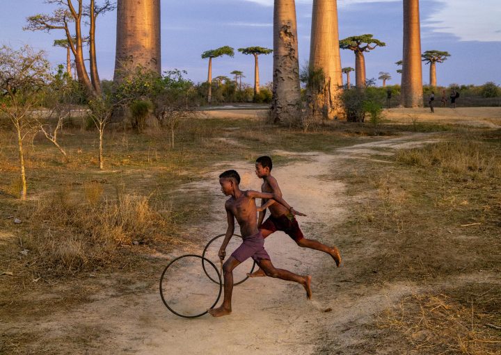 Ragazzi che corrono con i cerchi lungo il viale dei baobab, Madagascar, 2019. ( Foto Ansa US, Steve McCurry)