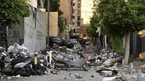 epa11639142 Debris lies on a road following an Israeli airstrike in Beirut's Bachoura neighborhood, Lebanon, 03 October 2024. Lebanese officials reported that an Israeli airstrike on a building in central Beirut resulted in at least five deaths and eight injuries.  EPA/WAEL HAMZEH