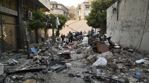 epa11639143 Debris lies on a road following an Israeli airstrike in Beirut's Bachoura neighborhood, Lebanon, 03 October 2024. Lebanese officials reported that an Israeli airstrike on a building in central Beirut resulted in at least five deaths and eight injuries.  EPA/WAEL HAMZEH