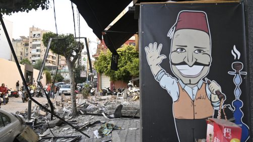 epa11639140 Debris lies on a road following an Israeli airstrike in Beirut's Bachoura neighborhood, Lebanon, 03 October 2024. Lebanese officials reported that an Israeli airstrike on a building in central Beirut resulted in at least five deaths and eight injuries.  EPA/WAEL HAMZEH