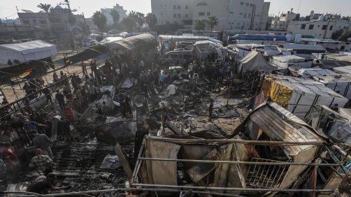 epa11657922 Palestinians inspect destroyed makeshift tents at a camp for internally displaced people on the premises of al-Aqsa Hospital, after the area was hit by an Israeli air strike, in Deir al Balah, central Gaza Strip, 14 October 2024. According to the Palestinian Ministry of Health, four people were killed as a result of the strike on al-Asqa hospital, and several dozens were wounded. More than 42,200 Palestinians and over 1,400 Israelis have been killed, according to the Palestinian Health Ministry and the Israel Defense Forces (IDF), since Hamas militants launched an attack against Israel from the Gaza Strip on 07 October 2023, and the Israeli operations in Gaza and the West Bank which followed it.  EPA/MOHAMMED SABER