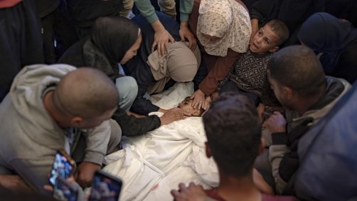 epa11699133 Family members mourn next to the bodies of their loved ones at Nasser Hospital following an Israeli airstrike that claimed the lives of at least eight people in Khan Yunis, southern Gaza Strip, 03 November 2024. More than 43,000 Palestinians and over 1,400 Israelis have been killed, according to the Palestinian Health Ministry and the Israel Defense Forces (IDF), since Hamas militants launched an attack against Israel from the Gaza Strip on 07 October 2023, and the Israeli operations in Gaza and the West Bank which followed it.  EPA/HAITHAM IMAD ATTENTION EDITORS: GRAPHIC CONTENT