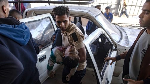 epa11699141 A Palestinian child, injured during an Israeli airstrike, is brought to Nasser Hospital following an attack that claimed the lives of at least eight people in Khan Yunis, southern Gaza Strip, 03 November 2024. More than 43,000 Palestinians and over 1,400 Israelis have been killed, according to the Palestinian Health Ministry and the Israel Defense Forces (IDF), since Hamas militants launched an attack against Israel from the Gaza Strip on 07 October 2023, and the Israeli operations in Gaza and the West Bank which followed it.  EPA/HAITHAM IMAD ATTENTION EDITORS: GRAPHIC CONTENT