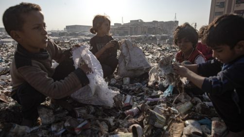 epa11700537 Palestinian children sort through garbage as they collect plastic from a landfill, amid a shortage of cooking gas and fuel, at the Khan Younis refugee camp, in the southern Gaza Strip, 04 November 2024. A United Nations Office for the Coordination of Humanitarian Affairs (OCHA) assessment carried out across some IDP camps in Gaza in May 2024 pointed to 'makeshift dwellings being made of blankets, nylon, and foraged materials. With no electricity, and cooking gas and wood being too expensive, families were resorting to burning trash and plastic to cook.' According to the UN, at least 1.9 million people across the Gaza Strip are internally displaced. Since October 2023, only about 11 percent of the Gaza Strip has not been placed under Israeli-issued evacuation orders, the UN aid coordination office OCHA said.  EPA/HAITHAM IMAD