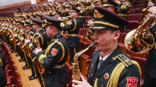 epa11953032 Chinese military band members perform at the Great Hall of the People before the closing meeting of the Third Session of the 14th Chinese People's Political Consultative Conference (CPPCC) National Committee at the Great Hall of the People in Beijing, China, 10 March 2025. China's major annual political meetings, known as the 'Lianghui' or 'Two Sessions,' began on 04 March with the opening of the Chinese People's Political Consultative Conference (CPPCC), while the National People's Congress (NPC) opened on 05 March.  EPA/WU HAO