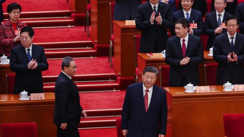 epa11953054 Chinese Presidet Xi Jinping (R) and Chinese Premier Li Qiang (L) arrive at the Great Hall of People for the closing meeting of the Third Session of the 14th Chinese People's Political Consultative Conference (CPPCC) National Committee at the Great Hall of the People in Beijing, China, 10 March 2025. China's major annual political meetings, known as the 'Lianghui' or 'Two Sessions,' began on 04 March with the opening of the Chinese People's Political Consultative Conference (CPPCC), while the National People's Congress (NPC) opened on 05 March.  EPA/WU HAO