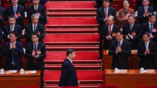 epa11953048 Chinese Presidet Xi Jinping (C) arrives at the Great Hall of People for the closing meeting of the Third Session of the 14th Chinese People's Political Consultative Conference (CPPCC) National Committee at the Great Hall of the People in Beijing, China, 10 March 2025. China's major annual political meetings, known as the 'Lianghui' or 'Two Sessions,' began on 04 March with the opening of the Chinese People's Political Consultative Conference (CPPCC), while the National People's Congress (NPC) opened on 05 March.  EPA/WU HAO