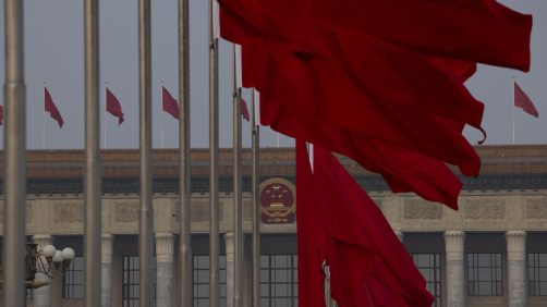 epa11953084 Red flags flap in the wind at Tiananmen Square ahead of the closing meeting of the Third Session of the 14th Chinese People's Political Consultative Conference (CPPCC) of China at the Great Hall of People in Beijing, China, 10 March 2025. China holds two major annual political meetings, the National People's Congress (NPC) and the Chinese People's Political Consultative Conference (CPPCC) which run alongside and together are known as 'Lianghui' or 'Two Sessions.'  EPA/ANDRES MARTINEZ CASARES