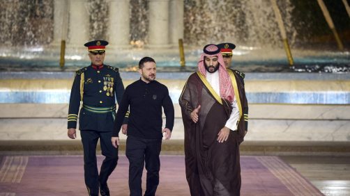 epa11954823 A handout photo made available by Ukraine's Presidential Press Service on 11 March 2025 shows Ukrainian President Volodymyr Zelensky (C) walking with Saudi Crown Prince and Prime Minister Mohammed bin Salman Al Saud (R) during their meeting in Jeddah, Saudi Arabia, late 10 March 2025 (issued 11 March 2025). The two leaders met ahead of planned talks between the Ukrainian and US delegations in Jeddah.  EPA/UKRAINE PRESIDENTIAL PRESS SERVICE HANDOUT  HANDOUT EDITORIAL USE ONLY/NO SALES