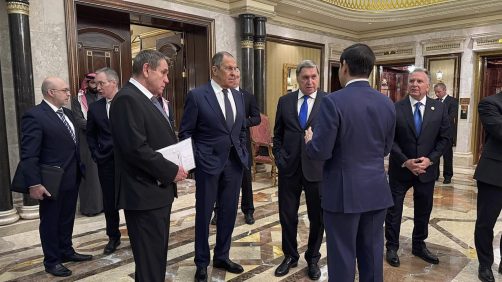 epa11904427 A handout photo made available by the Russian Foreign Ministry Press Service shows Russian Foreign Minister Sergey Lavrov (4-L) and Russian presidential aide Yury Ushakov (C) speak with U.S. Secretary of State Marco Rubio (2-R), U.S. National Security Advisor Mike Waltz (2-L), and U.S. Middle East envoy Steve Witkoff (R) after their meeting at Diriyah Palace in Riyadh, Saudi Arabia, 18 February 2025. The agenda of the meeting of the Russian presidential aide Yuri Ushakov, Russian Foreign Minister Sergey Lavrov with American officials in Riyadh on 18 February is devoted to the restoration of the entire range of bilateral relations, as well as the preparation of possible negotiations on the Ukrainian settlement, the Kremlin reported.  EPA/RUSSIAN FOREIGN MINISTRY PRESS SERVICE HANDOUT HANDOUT EDITORIAL USE ONLY/NO SALESHANDOUT EDITORIAL USE ONLY/NO SALES