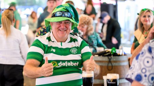 epa11969380 A person takes part in Saint Patrick's Day celebrations at The Merc street party in Sydney, Australia, 17 March 2025. Saint Patrick's Day, or the Feast of Saint Patrick, is a religious and cultural holiday held annually on 17 March, the traditional death date of Saint Patrick a patron saint of Ireland.  EPA/BIANCA DE MARCHI  AUSTRALIA AND NEW ZEALAND OUT